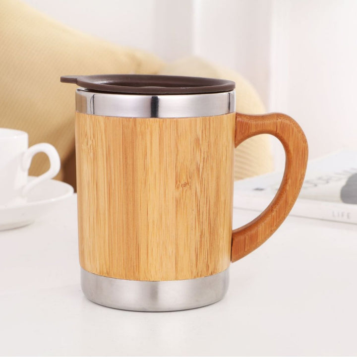 Women sustainable insulated coffee mug with wooden handle Bowlift