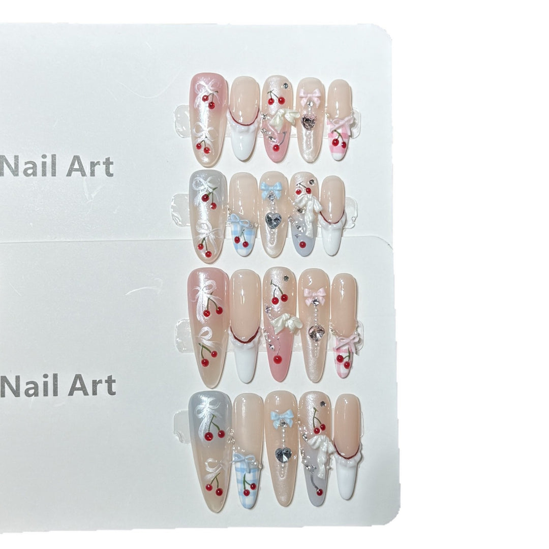 Decorative Press-On Nail Art Set with Charming Cherry Accents Bowlift