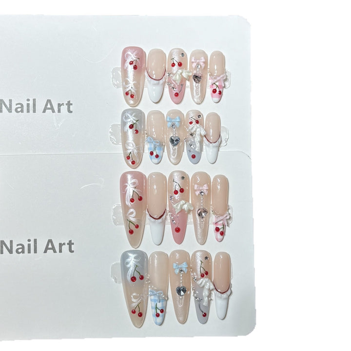 Decorative Press-On Nail Art Set with Charming Cherry Accents Bowlift