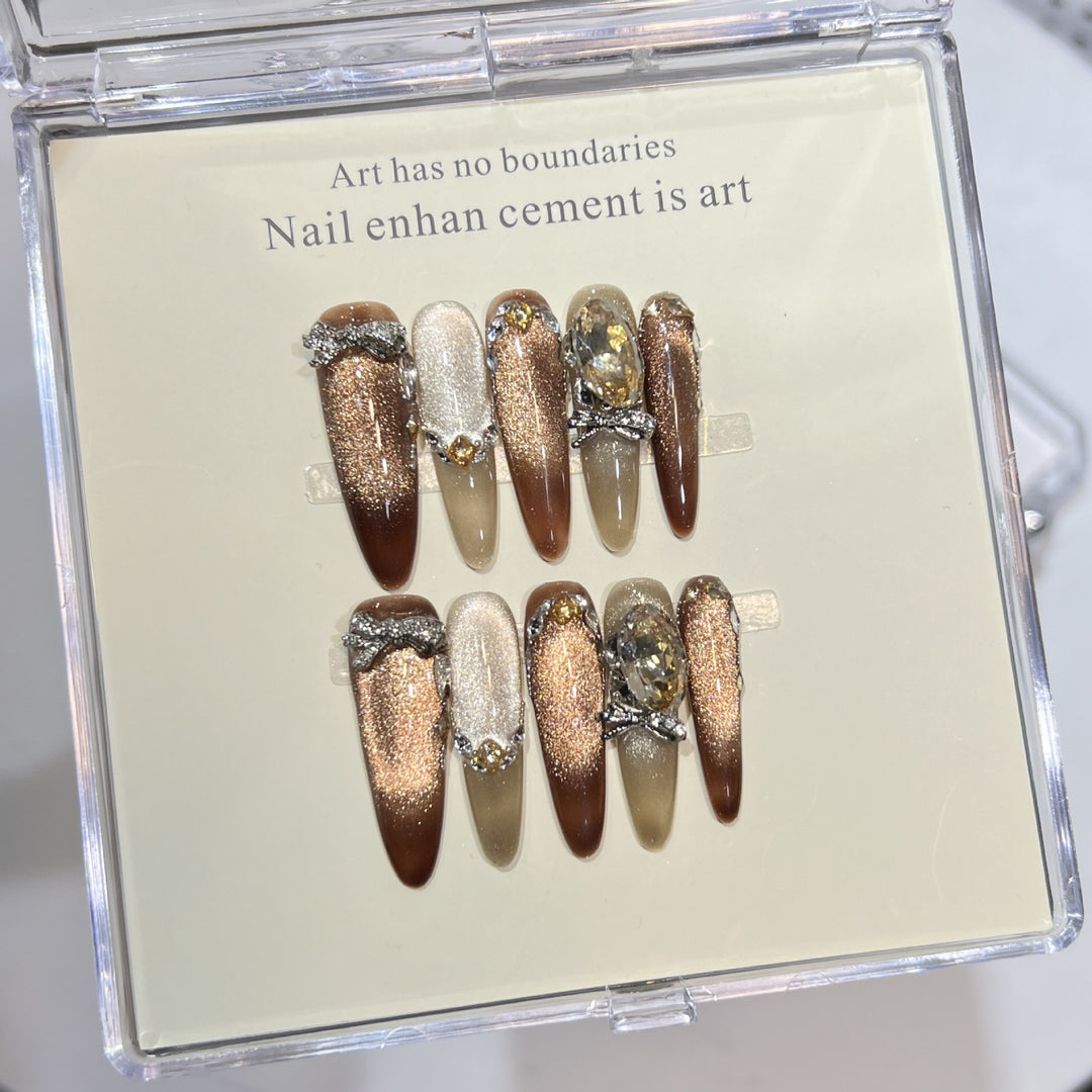 Artistic Stiletto Press-On Nail Set with Gemstone Accents Bowlift