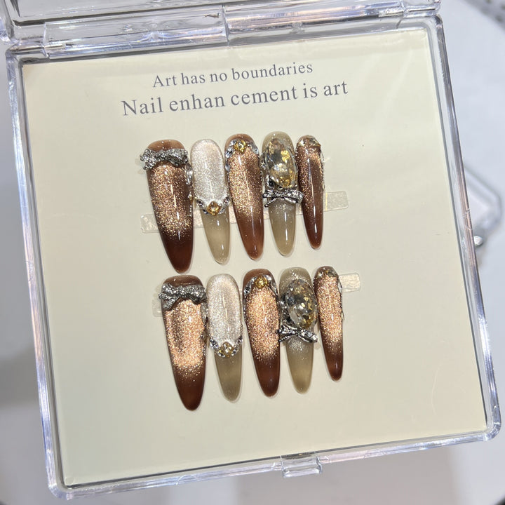 Artistic Stiletto Press-On Nail Set with Gemstone Accents Bowlift