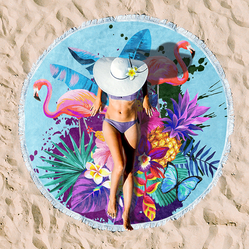 Round beach towel with tropical leaf print and fringe decoration Bowlift