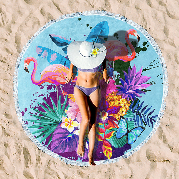 Round beach towel with colorful tropical motif Bowlift