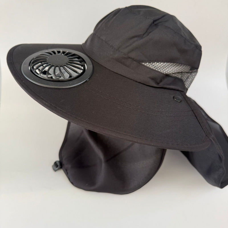 Non-ventilated sun hat with removable fan, neck protection, and adjustable chin strap Bowlift