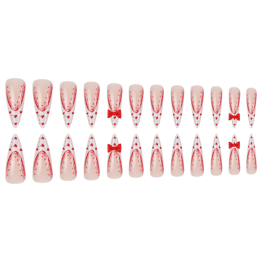 Stiletto Press-On Nail Art Set with Heart and Bow Design Bowlift
