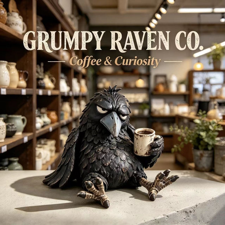 Quirky Raven Sculpture with Coffee Cup Bowlift