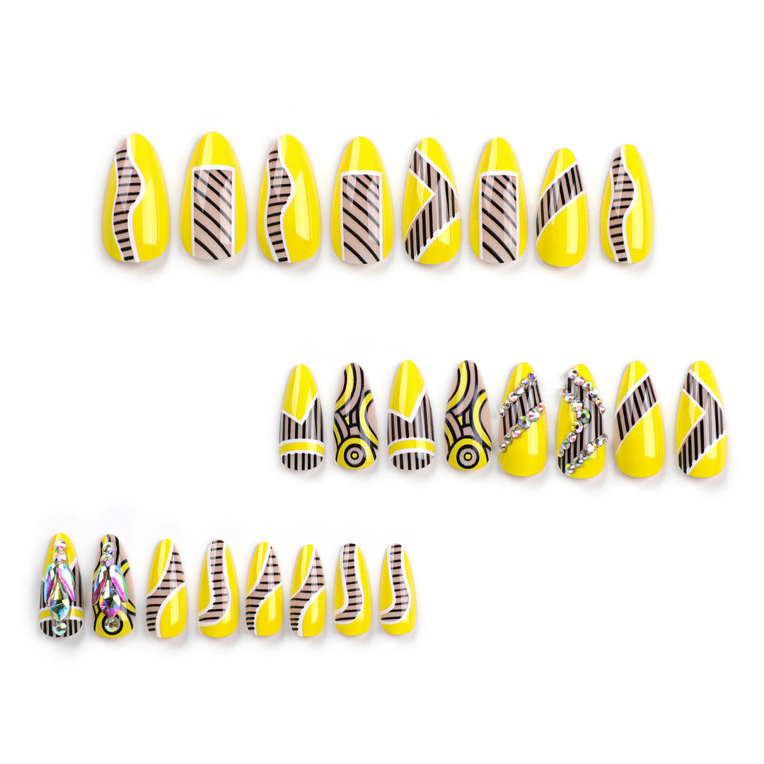 Artful nail extensions with geometric design and glitter accents Bowlift