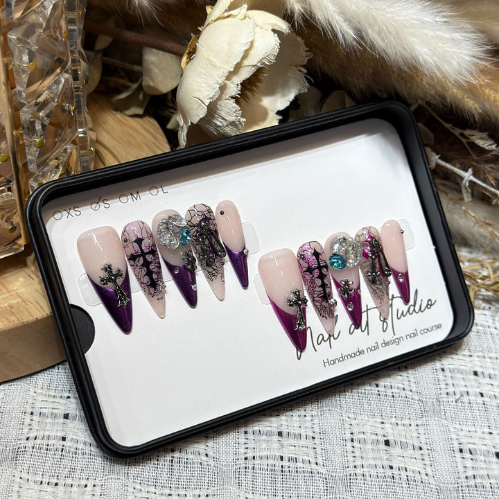 Artistic Stiletto Press-On Nail Set with Unique Floral and Gemstone Accents Bowlift