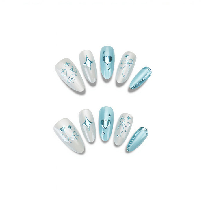 Artistic Press-On Nail Set with Heart and Star Designs Bowlift