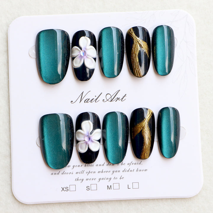 Elegant Press-On Nail Set with Floral Embellishments Bowlift
