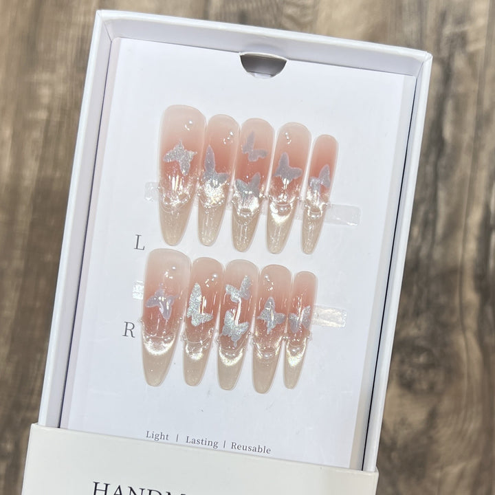 Artistic Stiletto Press-On Nail Set with Butterfly Design Bowlift