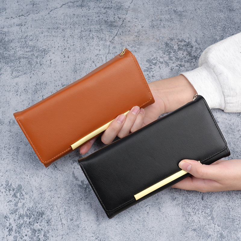 Premium vegan leather long wallet clutch with gold bar accent and detachable chain Bowlift