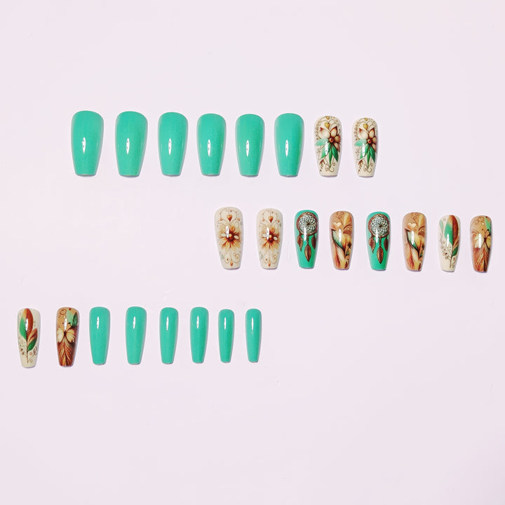 Creative artificial nails with floral and dreamcatcher design elements Bowlift