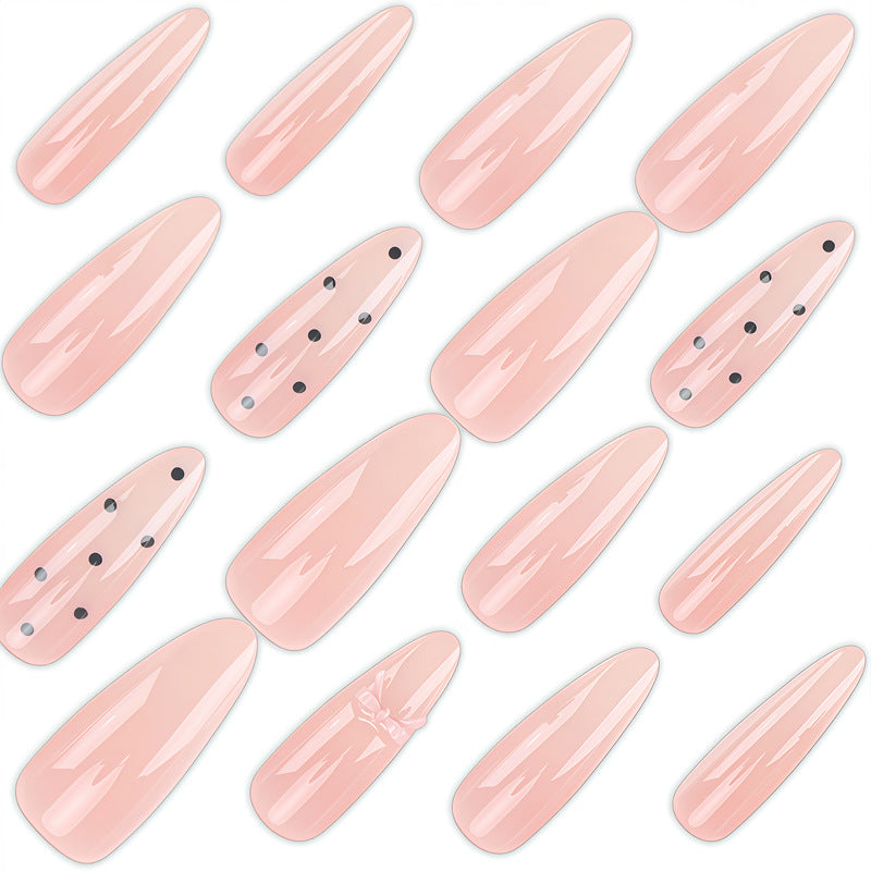 Elegant Press-On Nail Set with Chic Black Dots and Decorative Bow Bowlift