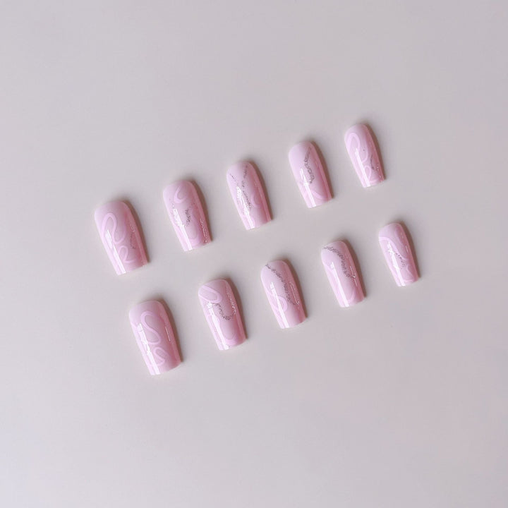 Artificial nail set with elegant 3D decorative lines and glitter accents Bowlift