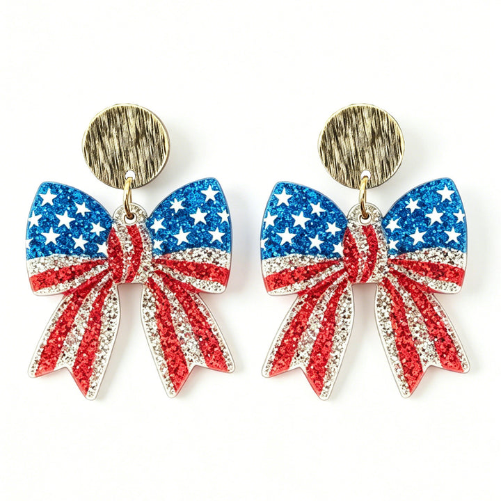Ladies nan Statement bow earrings made of acrylic with glittering star stripe design and round studs Bowlift