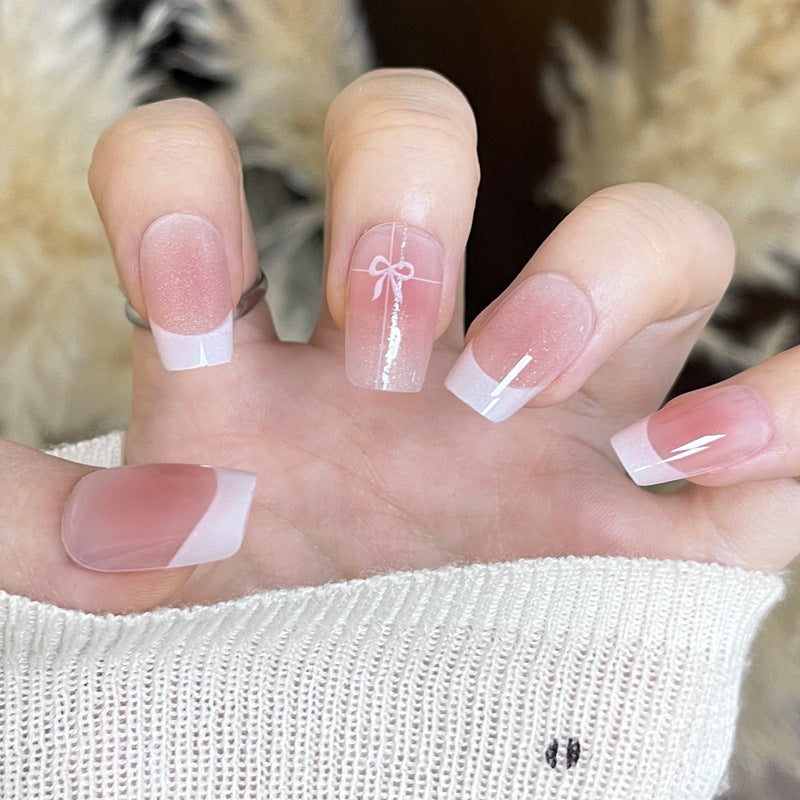 Elegant French Tip Press-On Nails with Bow Design Bowlift