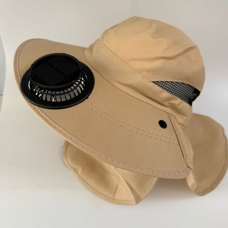 Non-ventilated sun hat with removable fan, neck protection, and adjustable chin strap Bowlift