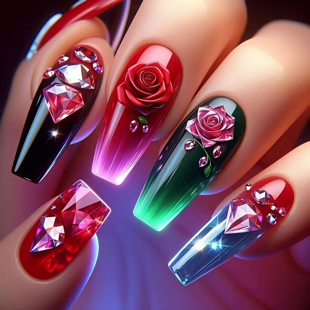 Artificial nails with floral and glittering accents Bowlift