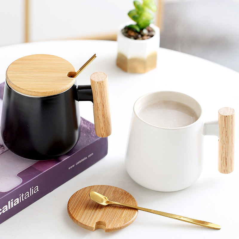 Ceramic Coffee Mug Gift Set with Bamboo Lid Ergonomic Wooden Handle and Gold Spoon Bowlift