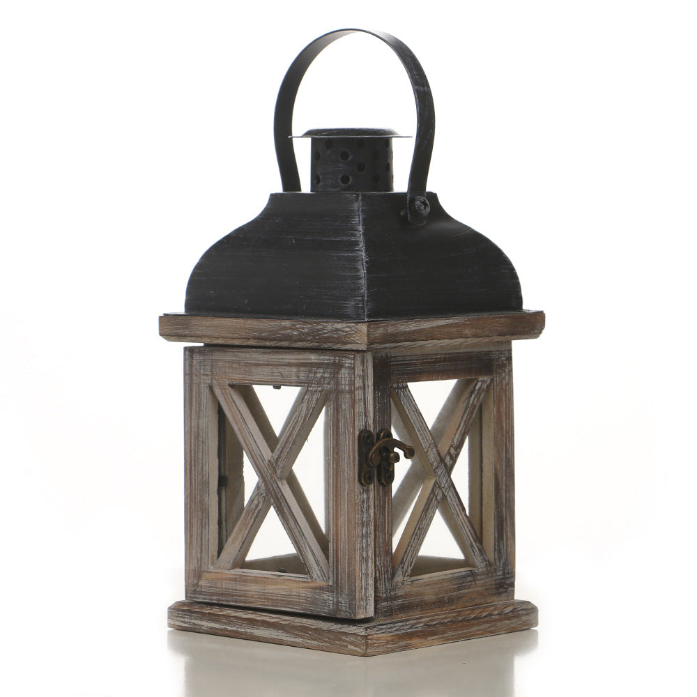 Antique-Style Glass Pane Window Lantern with Distressed Wood Frame and Vented Metal Roof Bowlift