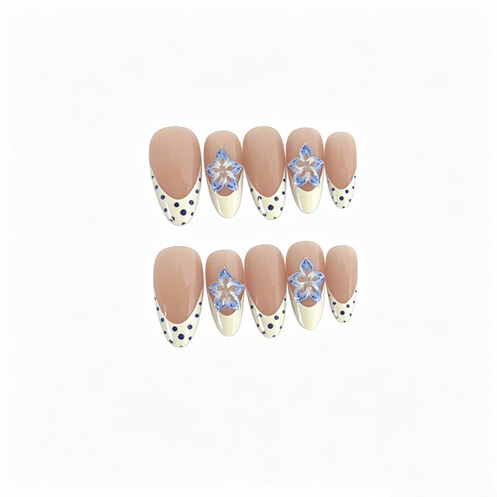 Artistic Press-On Nail Set with Floral and Polka Dot Design Bowlift