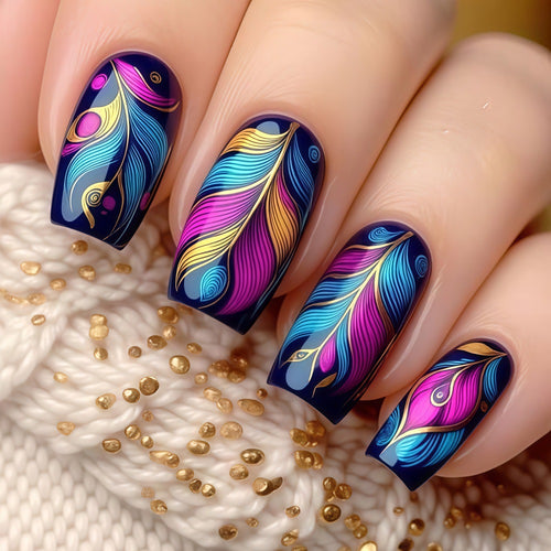 Artificial nails with colorful feather design Bowlift