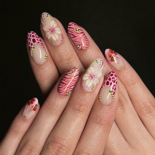 Artificial Nail Set with Floral Design and Gold Accents Bowlift
