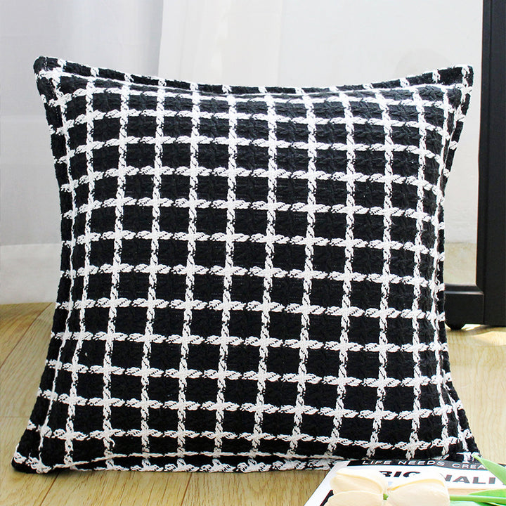 Square decorative cushion cover with hand-tufted grid relief and bouclé structure Bowlift