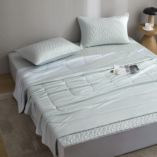 Quilted bedding set with reversible satin blanket and mattress protector