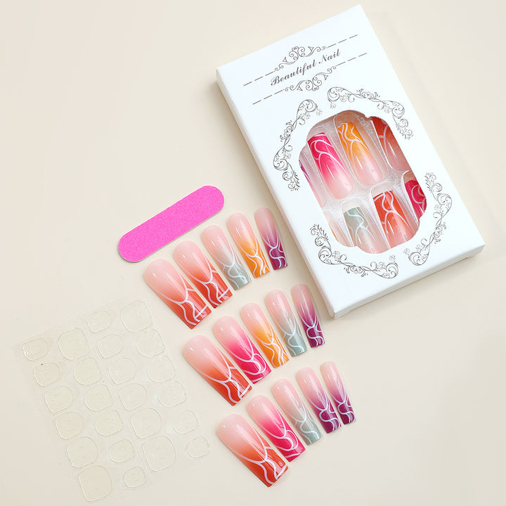 Artistic Press-On Nail Set with Gradient Swirl Designs Bowlift