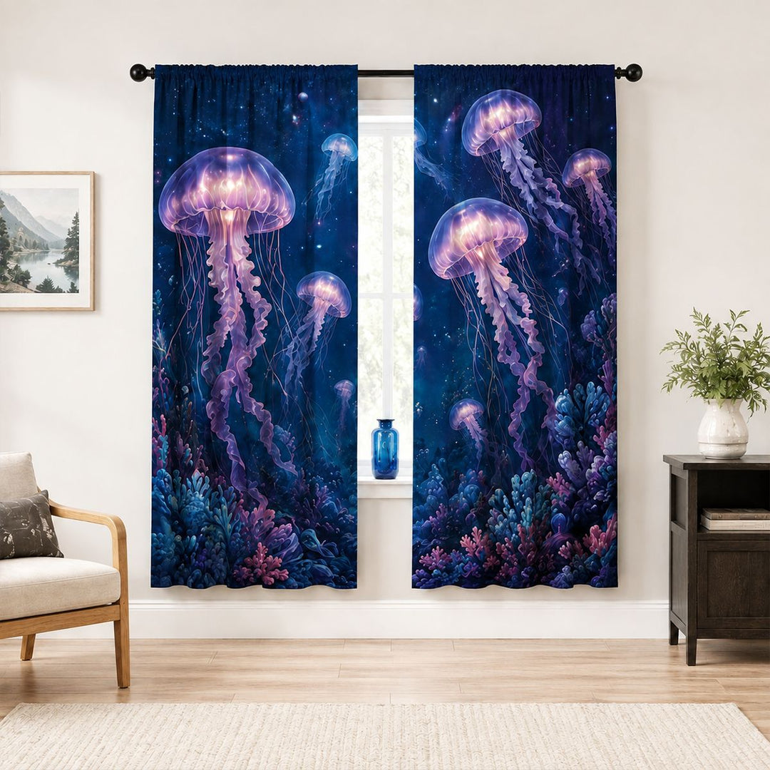 Artistic Floral Swan Print Window Curtains