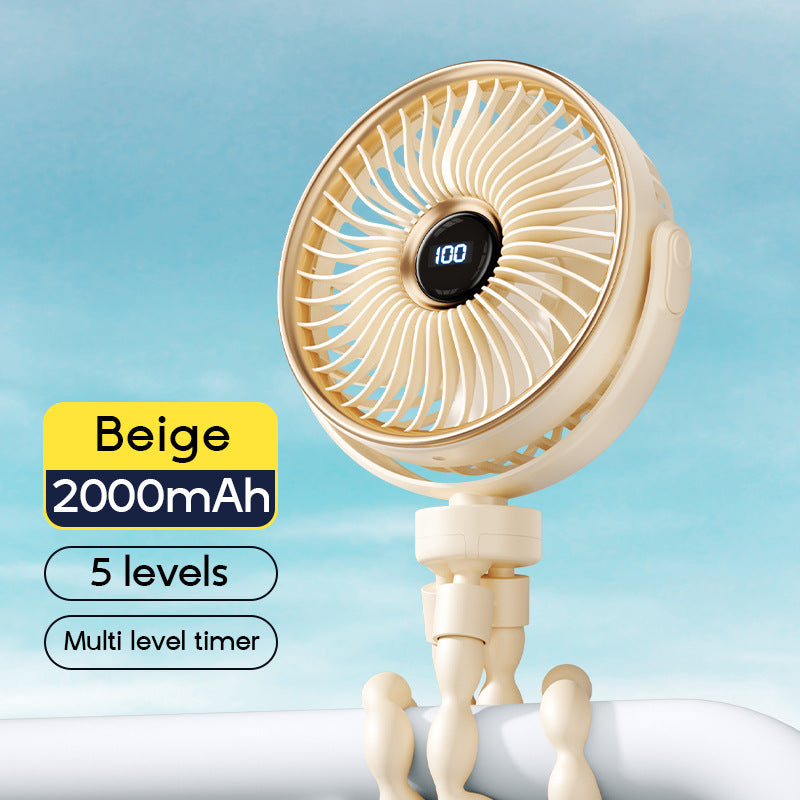 Unisex portable rechargeable clip fan with digital display, flexible clamp and multi-stage speed control Bowlift