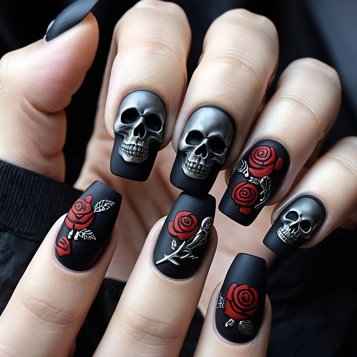Creative nail art with skull and rose designs Bowlift