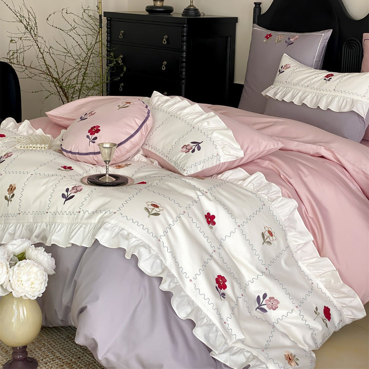 Romantic Ruffled Patchwork Embroidered Cotton Duvet Cover Set