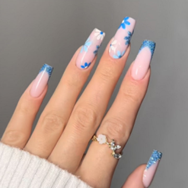 Artificial nail set with colorful flowers and creative French design Bowlift