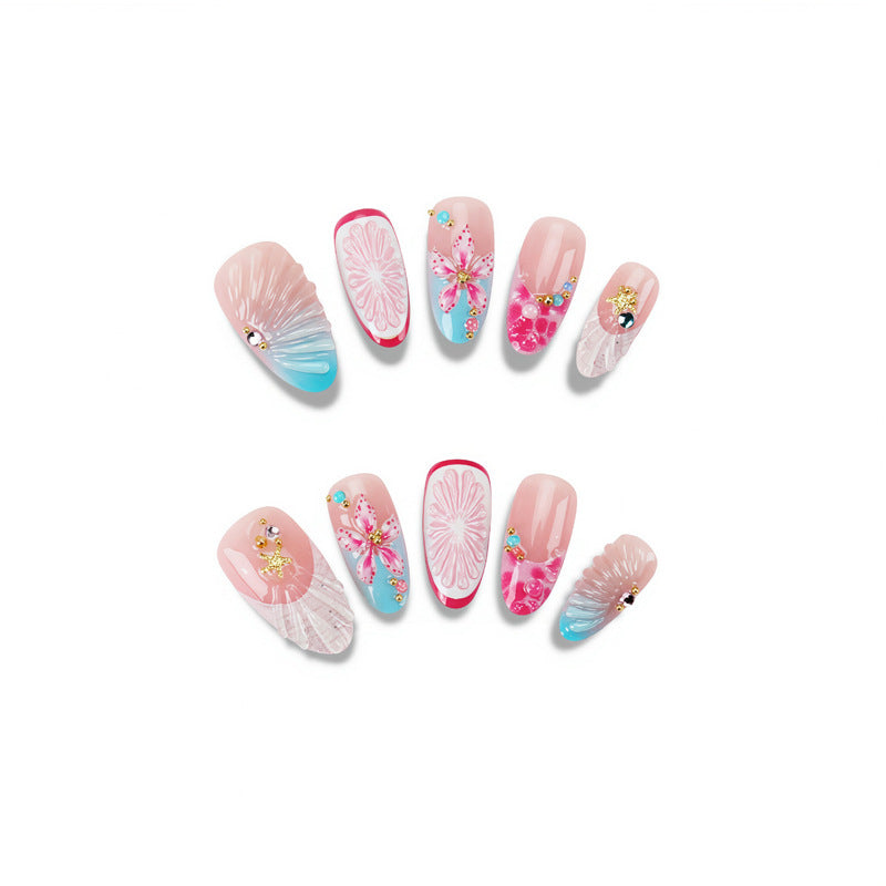 Artistic Floral Press-On Nail Set with 3D Accents Bowlift