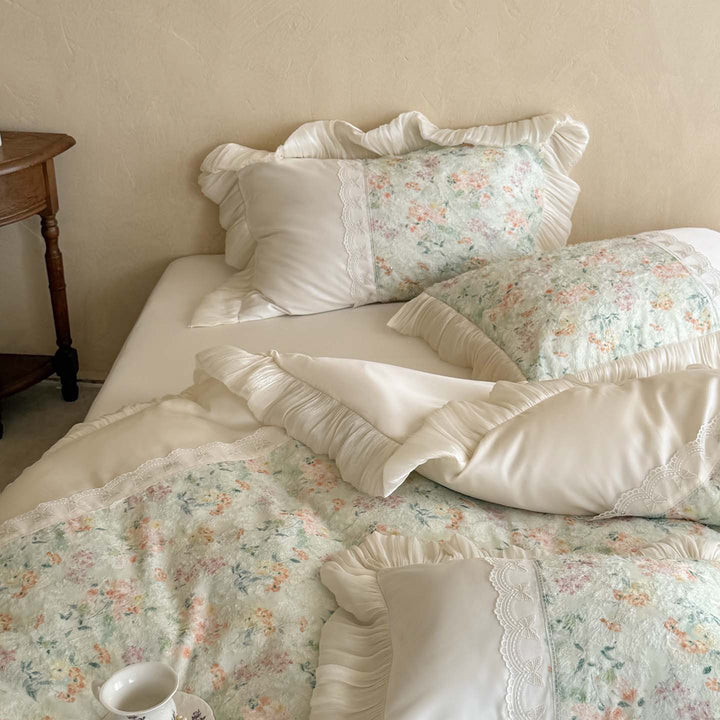 Ruffled Floral Cotton Duvet Cover Bedding Set