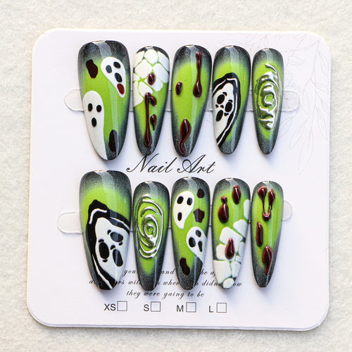 Artistic Press-On Nail Set with Unique Halloween Designs Bowlift