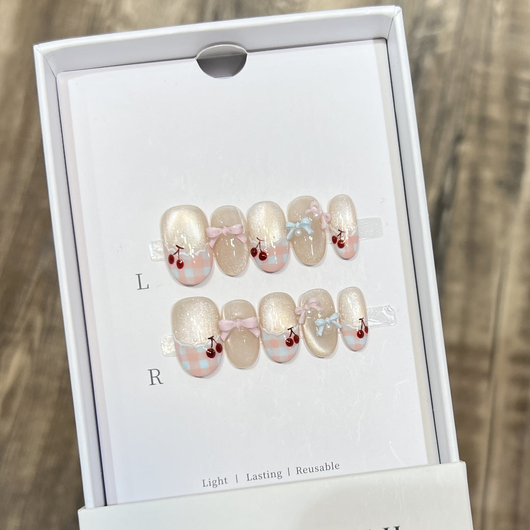 Decorative Press-On Nail Art Set with Charming Bow and Cherry Accents Bowlift