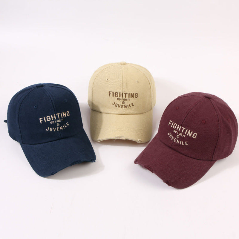 Women's Distressed Cotton Cap with Motivational Embroidery Bowlift