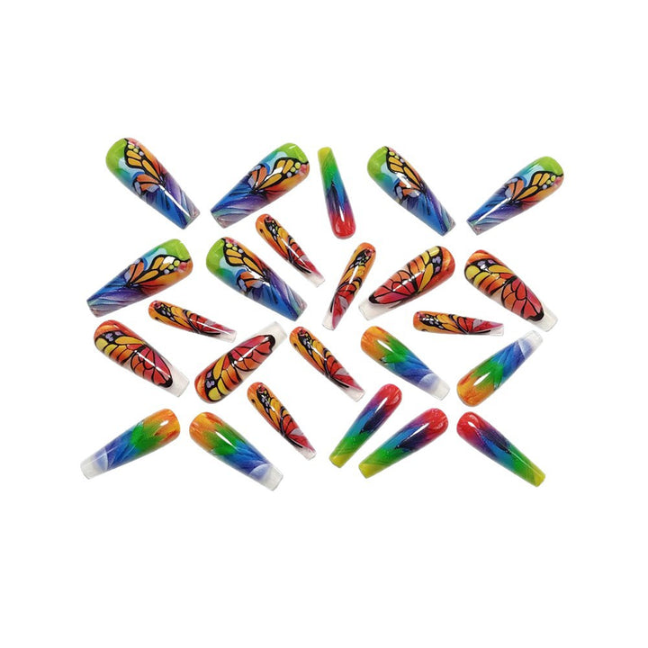 Artificial nails with colorful butterfly design and holographic accents Bowlift