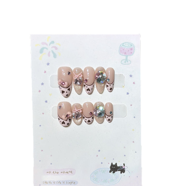 Decorative Press-On Nail Art Set with Heart and Gem Accents Bowlift