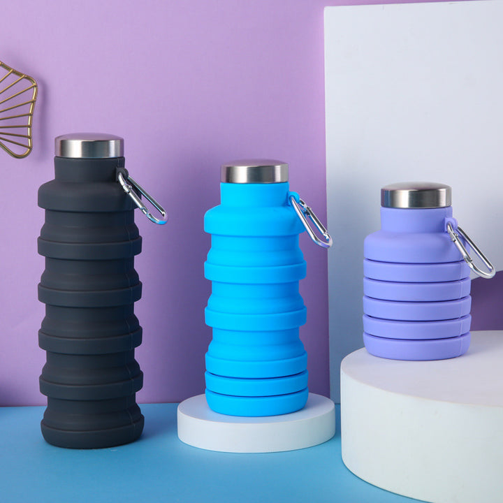 Collapsible Silicone Travel Water Bottle with Stainless Steel Cap and Carabiner Bowlift