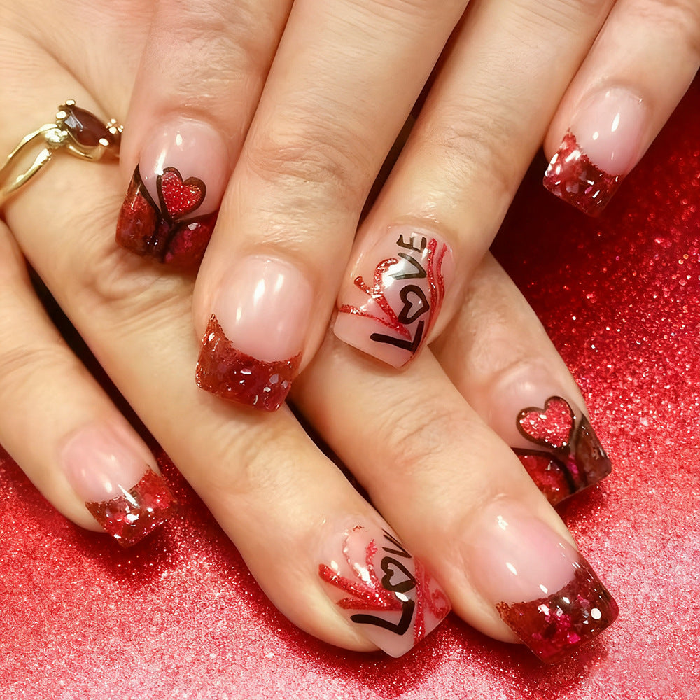 Love-Themed Glitter Graphic Press-On Nails Bowlift
