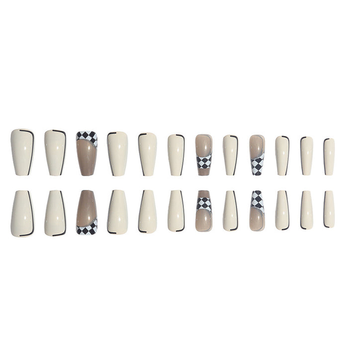 Trendy Long Press-On Nail Set with Checkerboard and Solid Design Bowlift