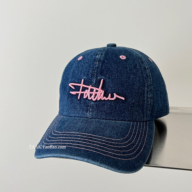 Women's Distressed Denim Embroidered Baseball Cap Bowlift
