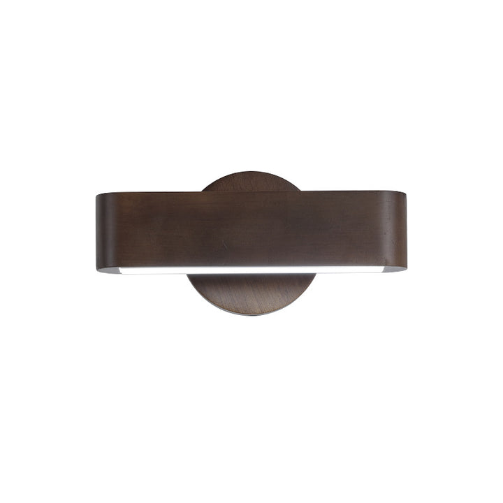 Compact bedside solid wood LED wall sconce with curved aluminum shade and frosted diffuser Bowlift