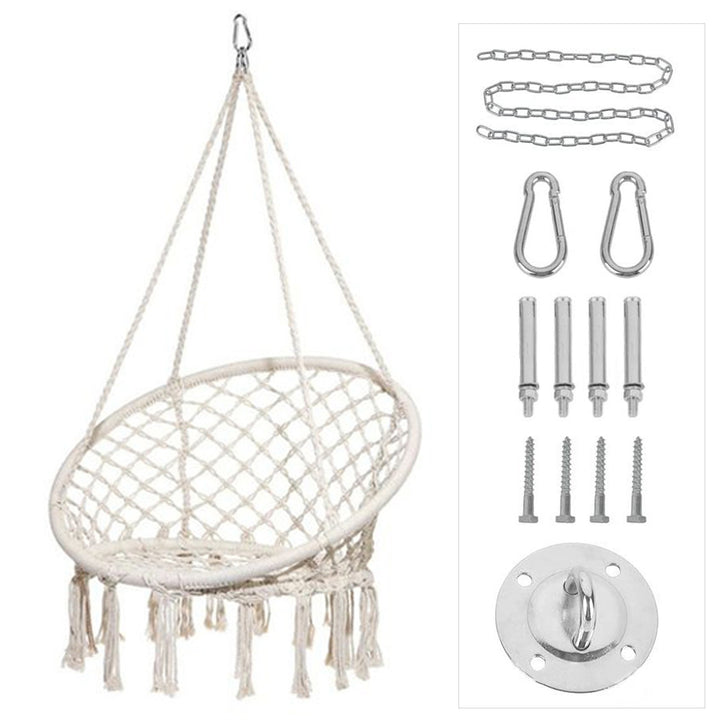 Macrame hanging chair with complete ceiling mounting kit and decorative tassel fringe Bowlift