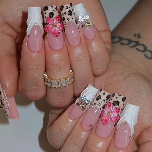 Artistic Acrylic Nail Extensions with Floral and Animal Print Design Bowlift
